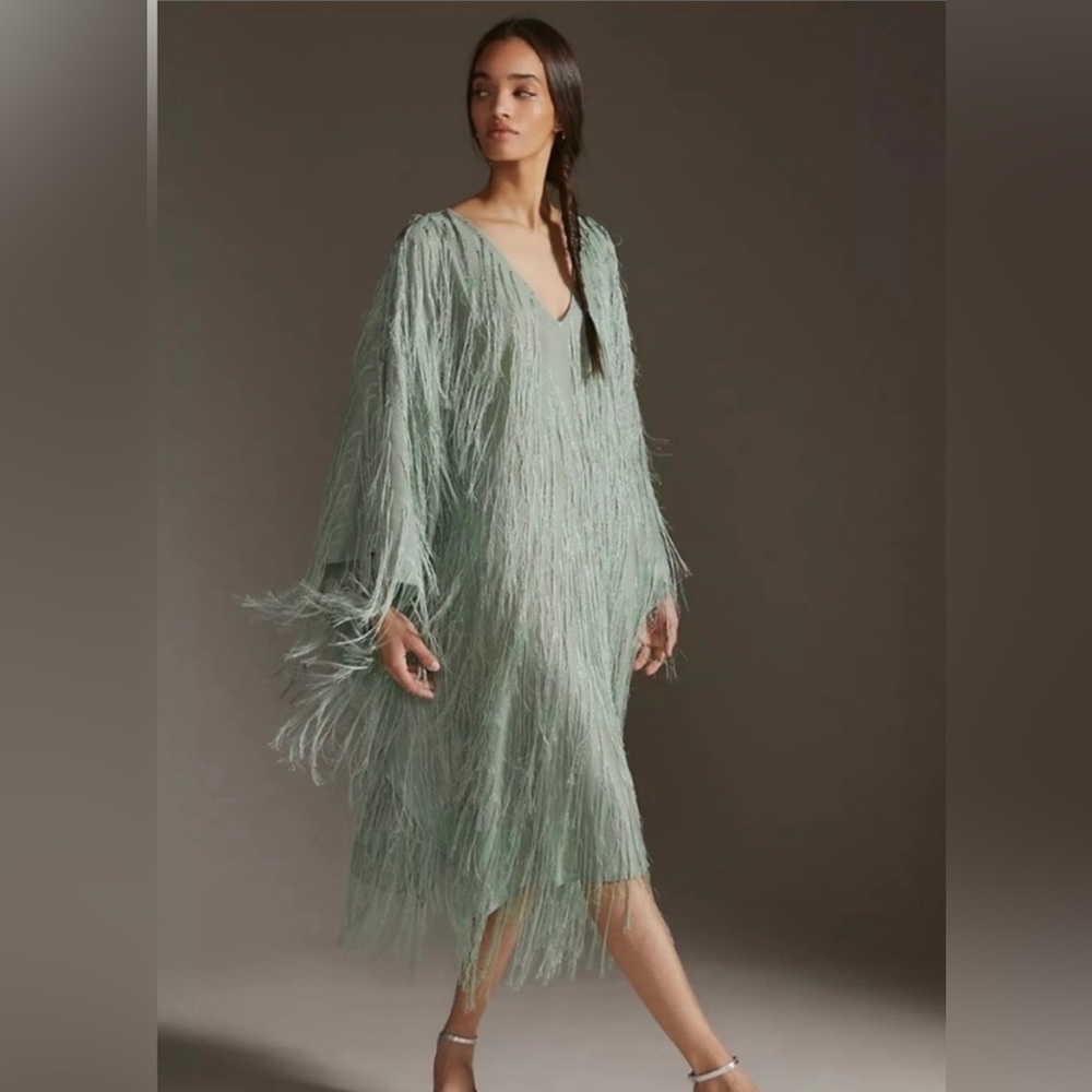 Maeve by Anthropologie light green shimmer fringe dress, one size